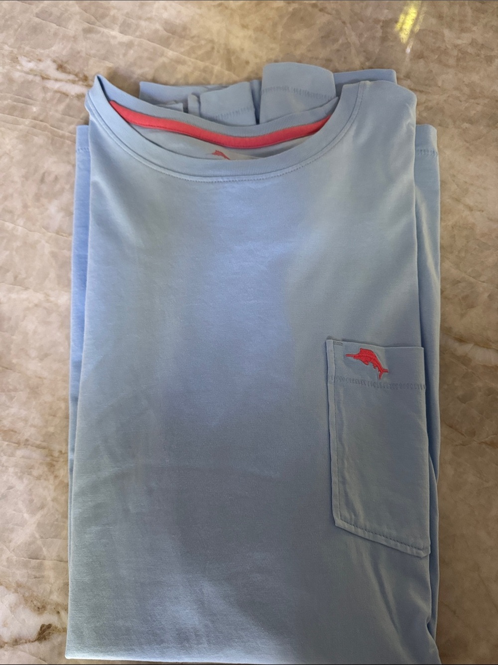 Tommy Bahama Light Blue Short Sleeve Pocket Tee with Coral Accents